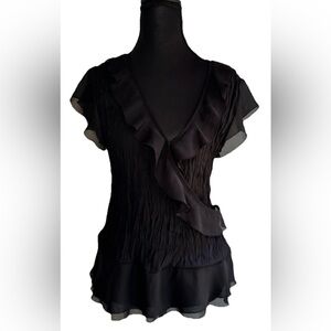 Allison Taylor Sheer Blouse Women’s Large Black V-Neck Short Sleeve Layered